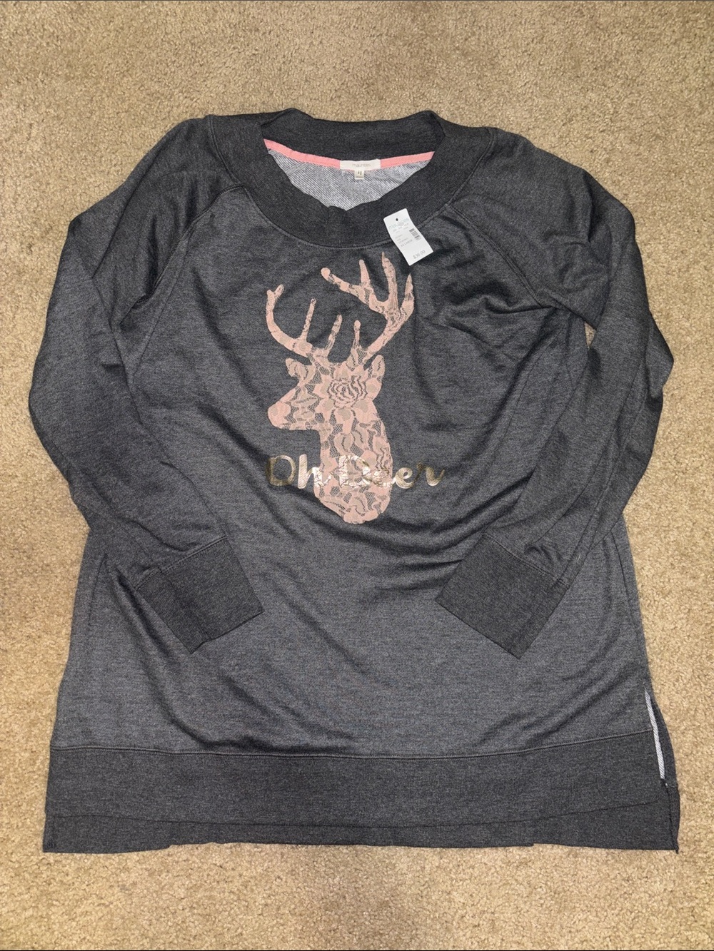 Maurice’s Pink Lace Deer Dark Gray Pullover Sweatshirt with Floral Deer Graphic